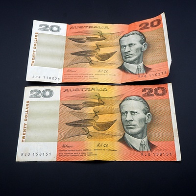 Two Australian Fraser/ Cole $20 Notes,RPQ110278 and RJU158151