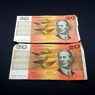 Two Australian Fraser/ Cole $20 Notes, RYI401714 and RLX427118