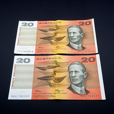 Two Australian Fraser/ Higgins $20 Notes, EYY003816 and RDA702557