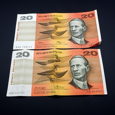 Australian Fraser/ Higgins $20 Note RAQ708141 and Australian Knight/ Wheeler $20 Note XUQ443403