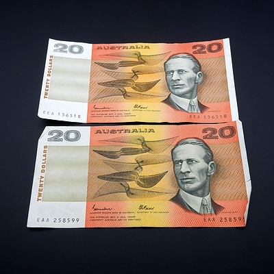 Two Australian Johnston/ Fraser $20 Notes, EEA156518 and EAA258599