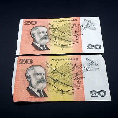 Two Australian Johnston/ Fraser $20 Notes, EEA156518 and EAA258599