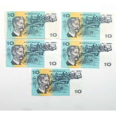 Five Australian Fraser/ Cole $10 Notes, MLA, MKP (3) and MLJ