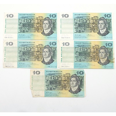 Five Australian Knight/ Wheeler $10 Notes, TNX, TNN (2), TND and TNU