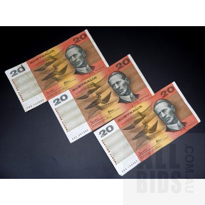 Three Australian Johnston/ Fraser $20 Notes, EBB162082, EAF297395 and EDG198967