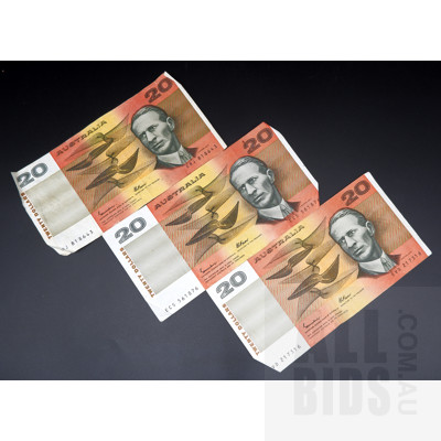 Three Australian Johnston/ Fraser $20 Notes, ERJ818643, ECS561876 and EVD217316