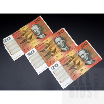 Three Australian Johnston/ Fraser $20 Notes, EYB930833, EXC938710 and EFT128578