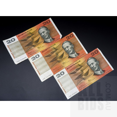 Three Australian Johnston/ Fraser $20 Notes, VUX340692, VQP147967 and VUU070824
