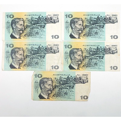 Five Australian Knight/ Wheeler $10 Notes, TNX, TNN (2), TND and TNU