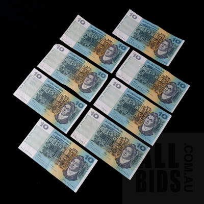 Eight Australian Fraser/ Higgins $10 Notes, MBG, MHD, UZU, UZD, UZB, UYL, UYH and MAZ