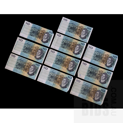 Ten Australian Knight/ Stone $10 Notes, Including TPQ, TRJ, TQC, TQB, TPG and More