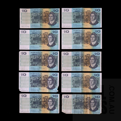 Ten Australian Johnston/ Fraser $10 Notes, Including UQG777000