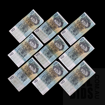 Nine Australian Knight/ Wheeler $10 Notes, Including TJQ, TFZ, TER, TNH, TJS and More