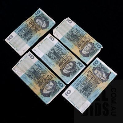 Five Australian Phillips/ Wheeler $10 Notes, SVT, TAY, SVK, TDR, SXU