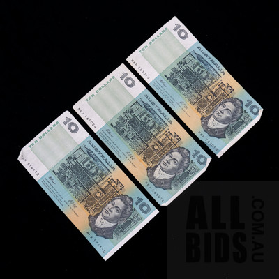 Three Australian Fraser/ Cole $10 Notes, MLH, MHR, MKJ