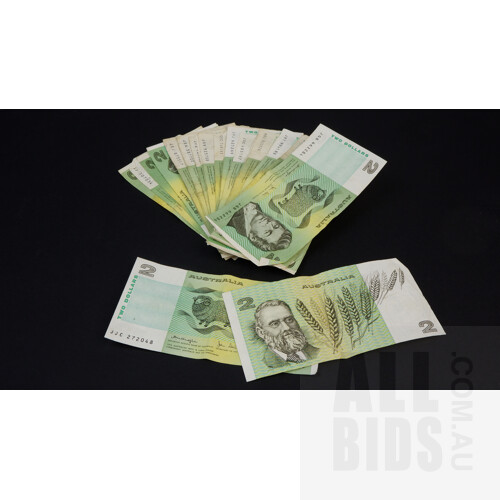 Thirty Australian $2 Notes, Knight/ Stone, Phillips/ Wheeler, Johnston/ Fraser, Philips/ Randall, Knight/ Wheeler