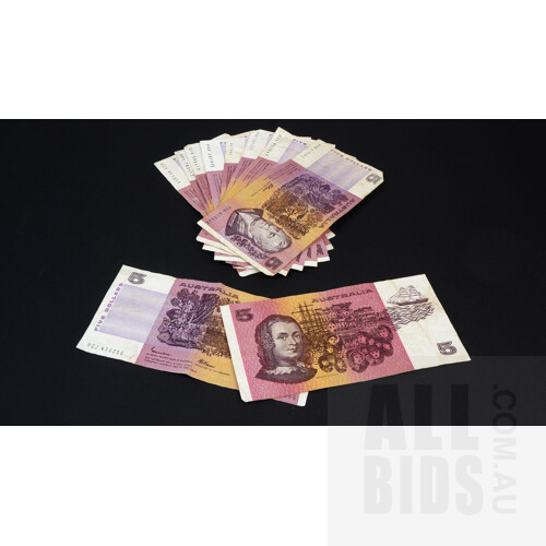 Ten Australian Johnston/ Fraser and Fraser/ Higgins $5 Notes