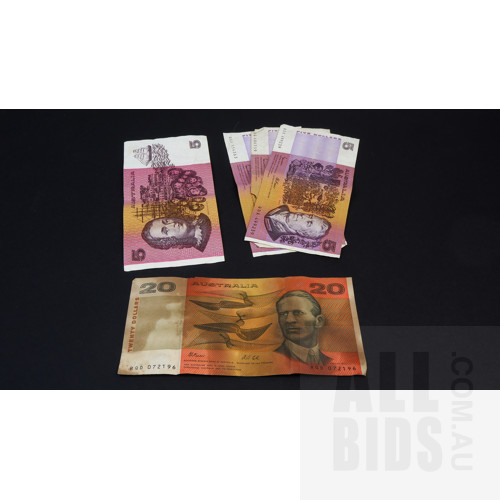 Four Australian Johnston/ Fraser $5 Notes and Fraser/ Cole $20 Note RQD072196