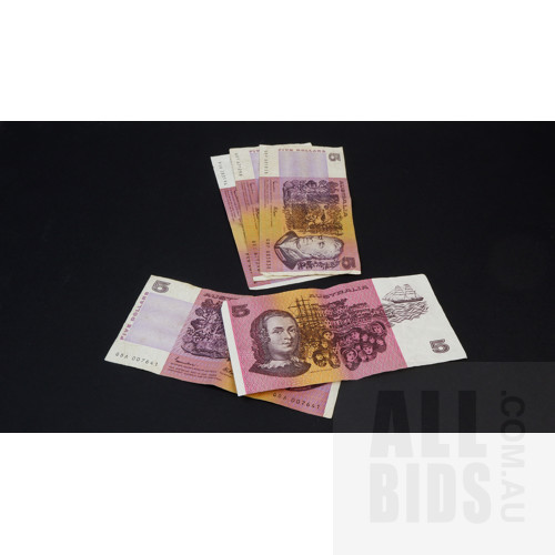 Five Australian Johnston/ Fraser $5 Notes