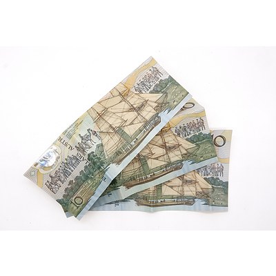 Three Australian 1988 Bicentennial $10 Notes, AB19613938, AB56741938 and AB15109484