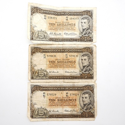 Three Commonwealth of Australia Coombs/ Wilson 10 Shilling Notes, AG48154373, AE32574131 and AD81579529