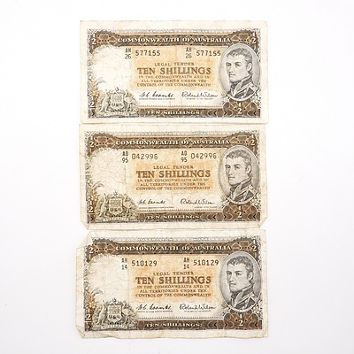 Three Commonwealth of Australia Coombs/ Wilson 10 Shilling Notes, AH26577155, AD95042996, AH14510129