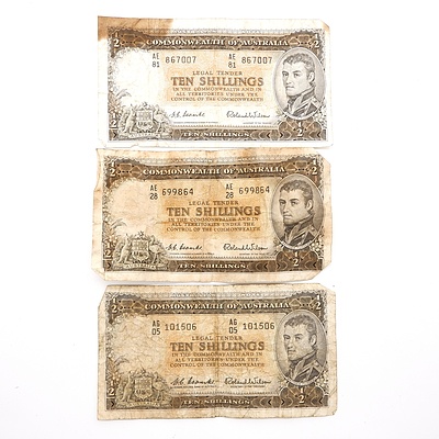 Three Commonwealth of Australia Coombs/ Wilson 10 Shilling Notes, AE81867007, AE28699864, AG05101506