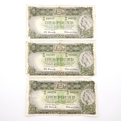 Three Commonwealth of Australia Coombs/ Wilson One Pound Notes, HE52990279, HE08552549 and HE69688532