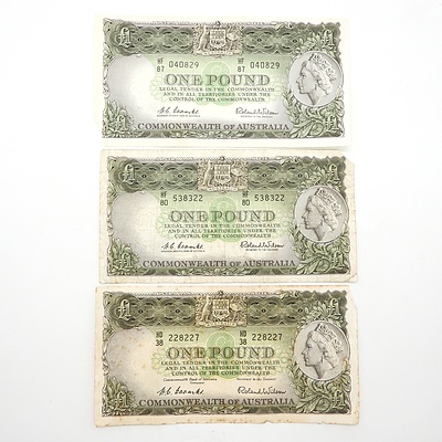 Three Commonwealth of Australia Coombs/ Wilson One Pound Notes, HD38228227, HF80538322, and HF87040829