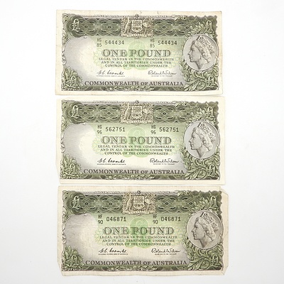 Three Commonwealth of Australia Coombs/ Wilson One Pound Notes, HF90046871, HG96562751, HG85544434