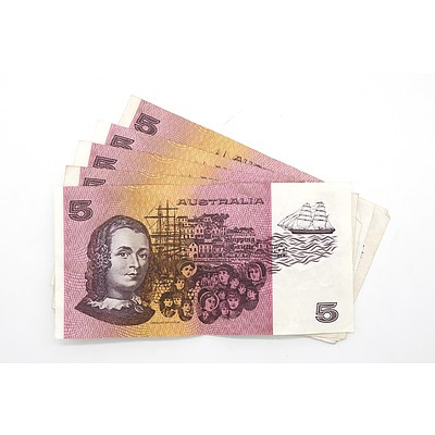 Five Australian Fraser/ Cole Five Dollar Notes, QKY, QHL, QJA, QKC, QHG