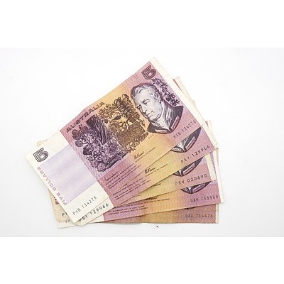 Five Australian Johnston/ Fraser Five Dollar Notes, PXB, PSY, PSV, QAH, QAX