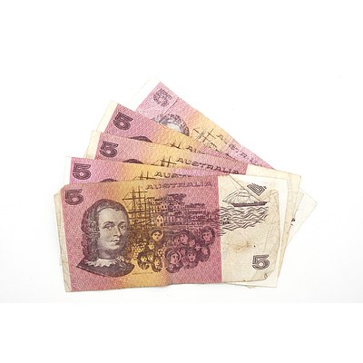 Five Australian Johnston/ Fraser Five Dollar Notes, PXB, PSY, PSV, QAH, QAX