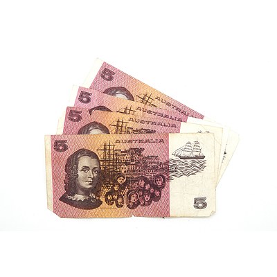 Four Australian Knight/ Wheeler Five Dollar Notes, NVK, NRP, NUX, NVA