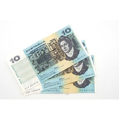 Three Australian Johnston/ Fraser Ten Dollar Notes, UPQ, UNN, ULX