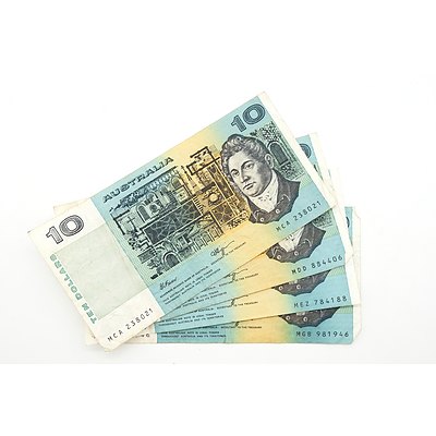 Four Australian Fraser/ Higgins Ten Dollar Notes, MCA, MDD, MEZ, MGB