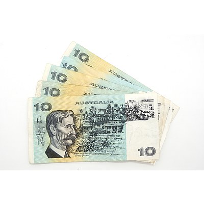 Five Australian Knight/ Stone Ten Dollar Notes, TQA, TPY, TPF, TUS, TSQ