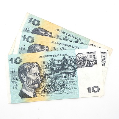 Three Australian Johnston/ Fraser Ten Dollar Notes, UTC, USC, UPC
