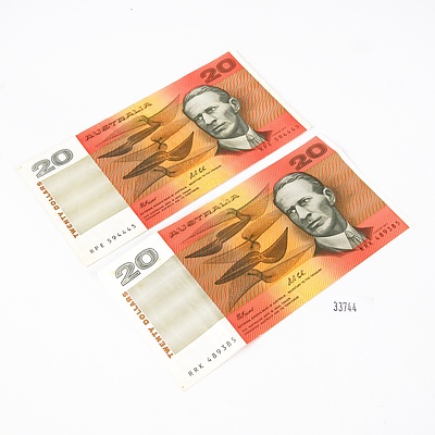 Two Australian Fraser / Cole $20 Notes, RRK489385 and RPE594445