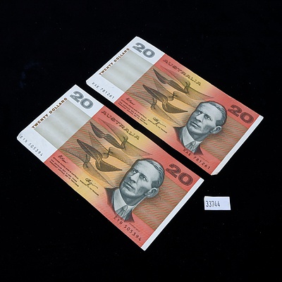 Two Australian Fraser / Higgins $20 Notes, EYN505394 and RAE781261