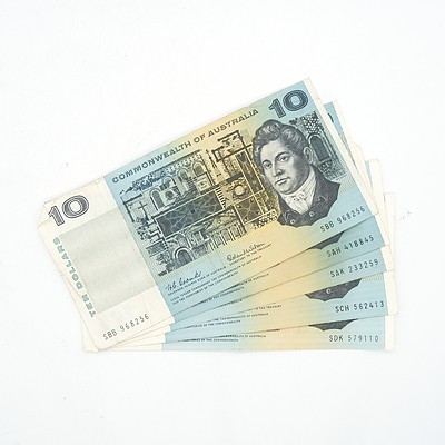 Five Australian Coombs/ Wilson $10 Notes, SDK, SCH, SAK, SAH and SBB
