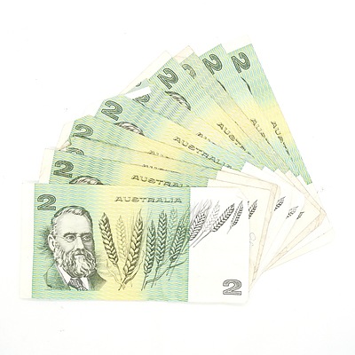 Ten Australian Johnston/ Fraser $2 Notes, LDY, LBD, KUB, KXZ, LBA, KTT, LDE, KTL, LFA and LHB