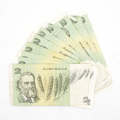 Ten Australian Knight/ Stone $2 Notes, JRQ, JPN, JEN, JET, JFH, JVZ, JGZ, JFF, JED and JEF