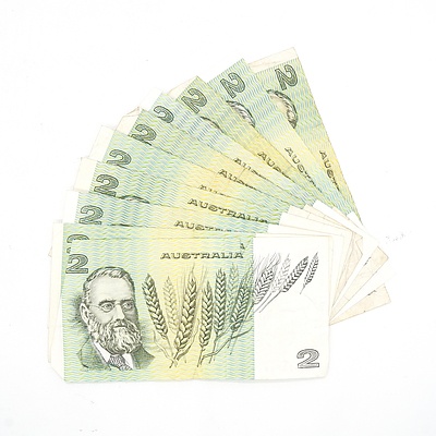 Ten Australian Johnston/ Stone $2 Notes, KBH, KGD, KCT, KQL, KGN, KNF, KDK, KPJ and KNP