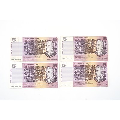 Four Australian Knight/ Stone $5 Notes, NXX, PAA, PAB and NYP