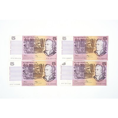 Four Australian Fraser/ Higgins $5 Notes, QFQ, QFX, QFG and QFY