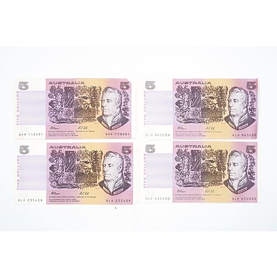 Four Australian Fraser/ Cole $5 Notes, QLQ, QHR, QLP and QLA