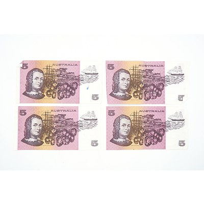 Four Australian Fraser/ Cole $5 Notes, QLQ, QHR, QLP and QLA