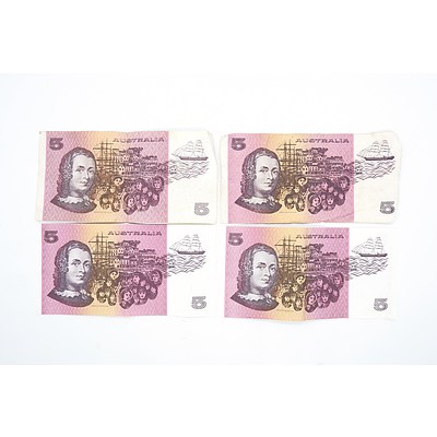Four Australian Johnston/ Fraser $5 Notes, PVS, QBB, QAK and PYK