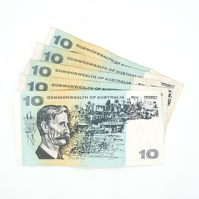 Five Australian Phillips/ Randall $10 Notes, SRN, SRC, SQU, SKP and SGD
